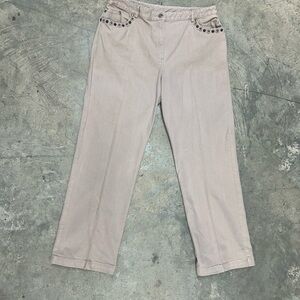 Ruby Rd. Straight Leg Khaki Jeans with Tigers Eye and Beaded Floral Detailing